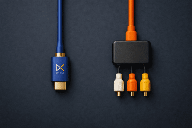 DX-ROI A blue HDMI cable and an orange RCA adapter with white, yellow, and orange connectors—built for CMS compatibility—are placed side by side on a dark surface.