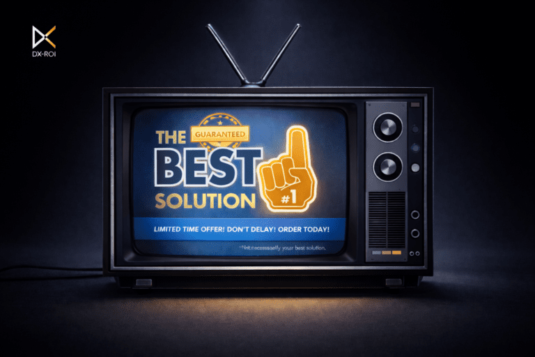 DX-ROI A retro television displays an ad reading "The Guaranteed Best Solution #1" with a pointing finger graphic, highlighting website readiness and a limited time offer message below.