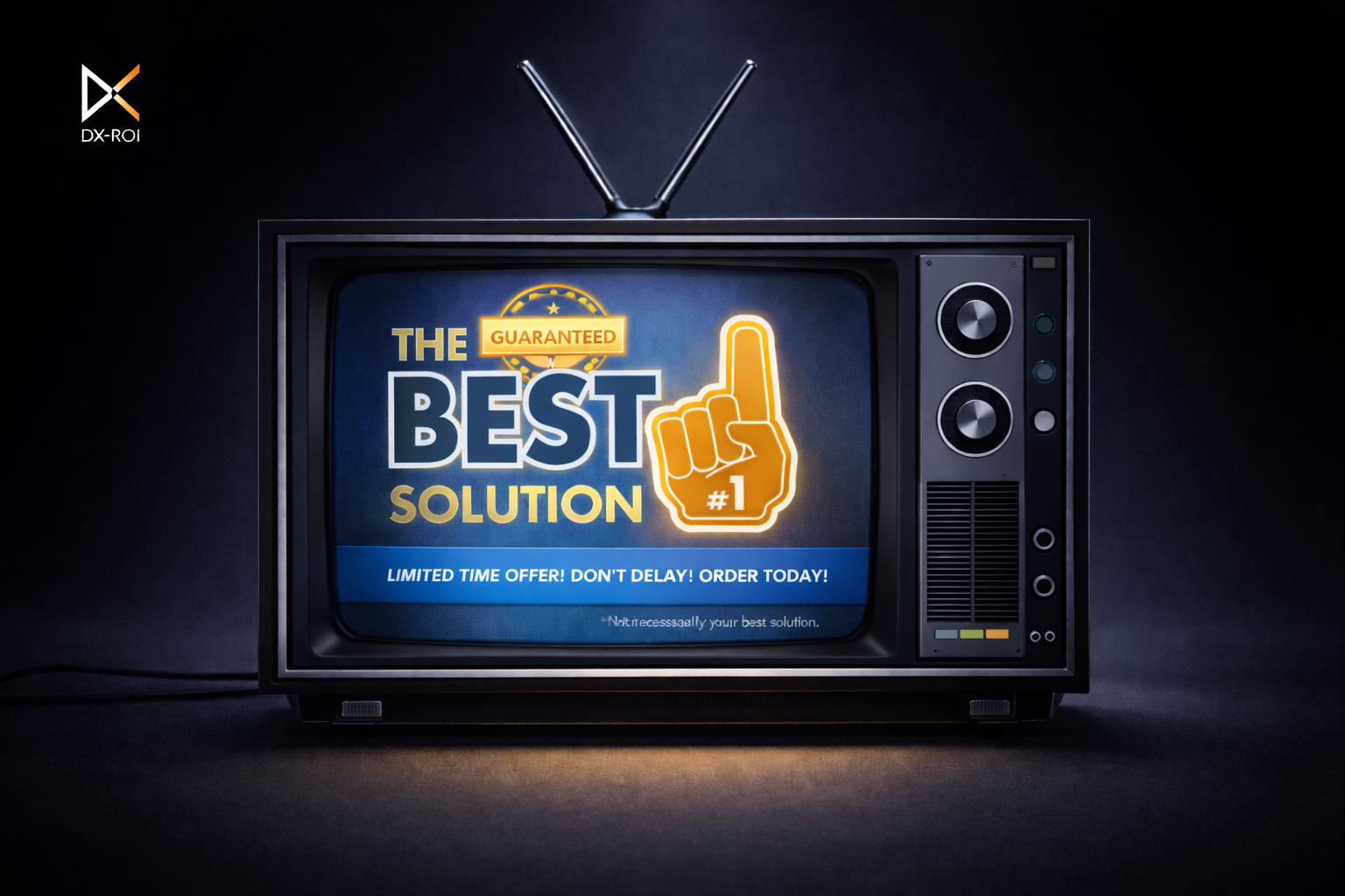DX-ROI A retro television displays an ad reading "The Guaranteed Best Solution #1" with a pointing finger graphic, highlighting website readiness and a limited time offer message below.