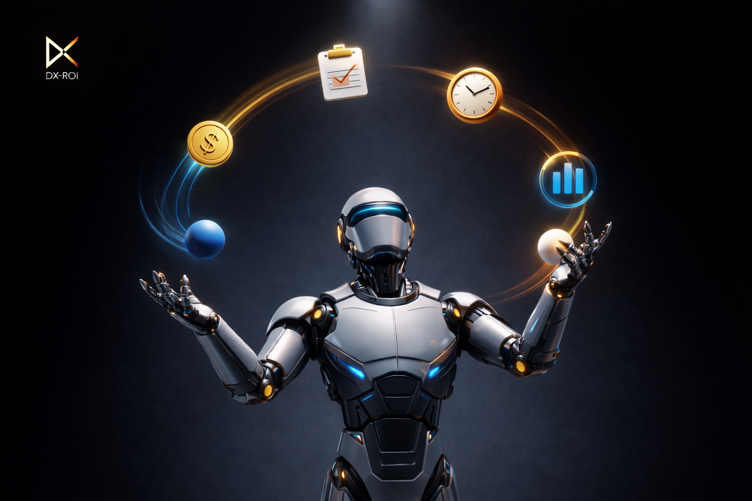 DX-ROI A humanoid robot, built for multitasking, juggles floating icons representing money, a clipboard, a clock, and data graphs, symbolizing efficiency and advanced CMS version capabilities.
