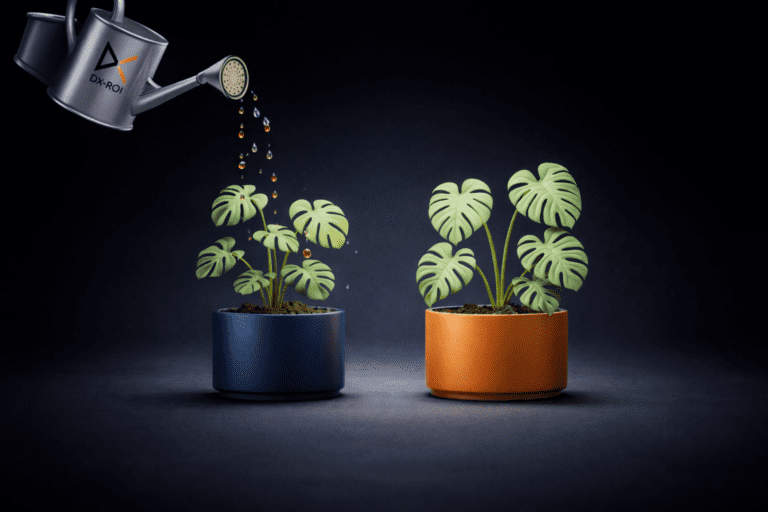 DX-ROI A watering can pours water onto a plant in a blue pot, highlighting growth and nourishment, while a similar plant in an orange pot remains dry—symbolizing the benefits of choosing tools built for CMS compatibility against any background.