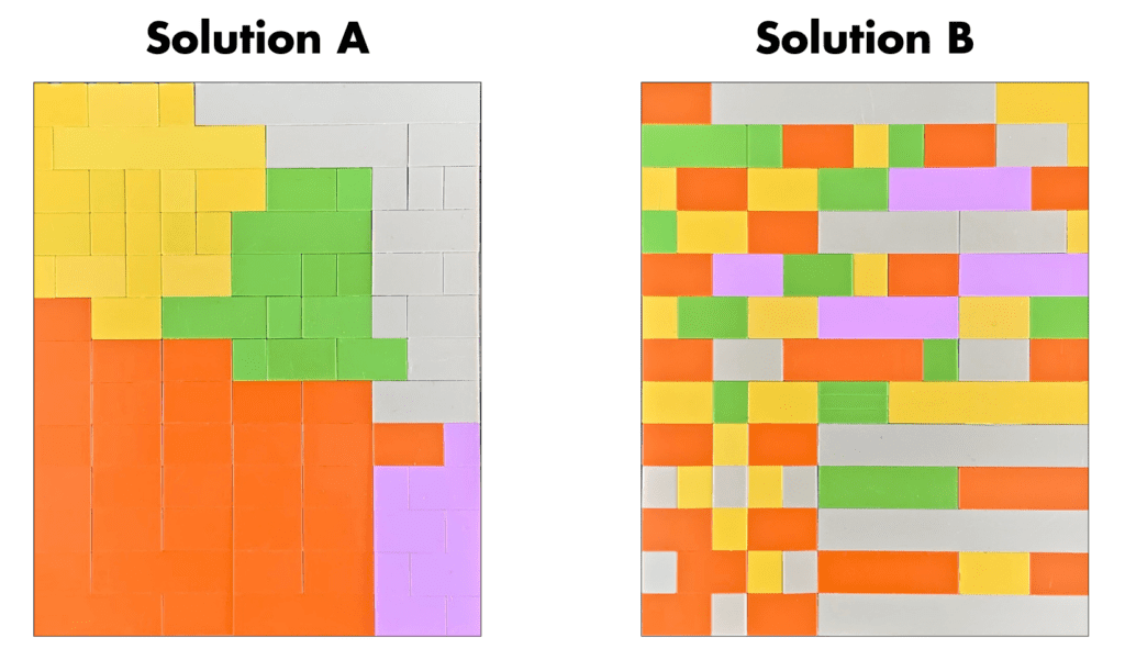Two side-by-side grids labeled Solution A and Solution B, each filled with colored rectangles arranged in different patterns, illustrate how AI in UXR can reveal unique user insights through visual data comparison.
