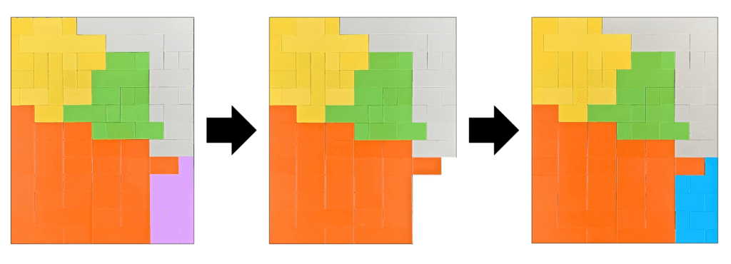 Three grids made of colored blocks show a progression, illustrating how AI in UX can optimize processes—the orange section (representing AI's growing role) increases from left to right as other colored sections shrink or shift. Black arrows indicate the sequence.