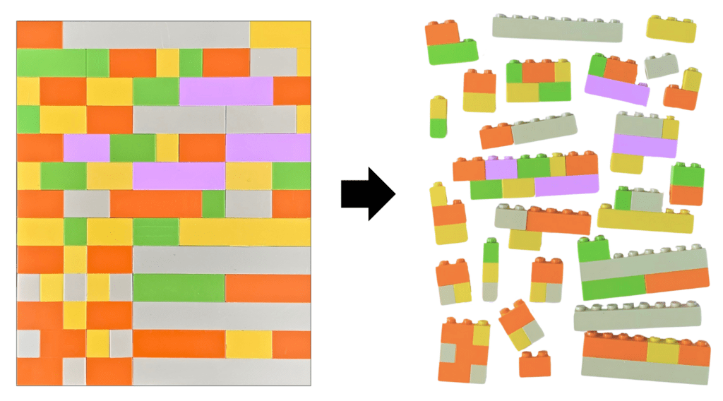 A wall made of colorful toy bricks on the left is shown broken down into scattered bricks on the right, symbolizing how AI in UXR can deconstruct complex problems, with a black arrow pointing from the wall to the scattered pieces.