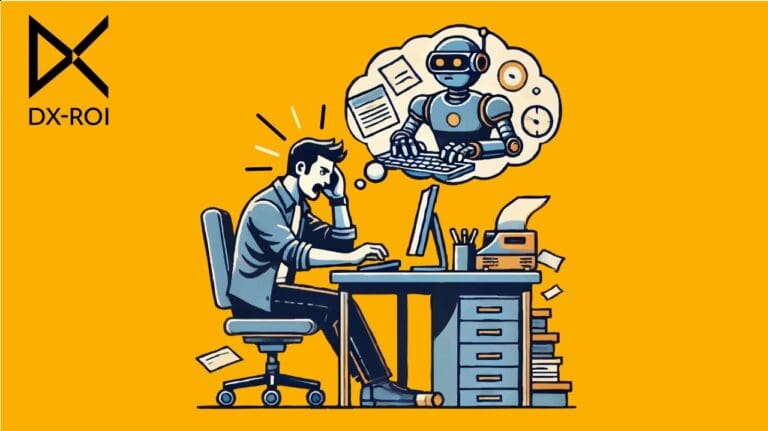 A man sits at a desk working on a computer, imagining a robot handling paperwork, symbolizing automation or AI assistance in office tasks. DX-ROI logo is in the top left corner.