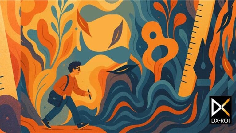 DX-ROI Illustration of a person with glasses and a bag walking through abstract swirling shapes, plants, and numbers, holding a pen. A large ruler and fountain pen nib highlight the creative selection of tools on the right.