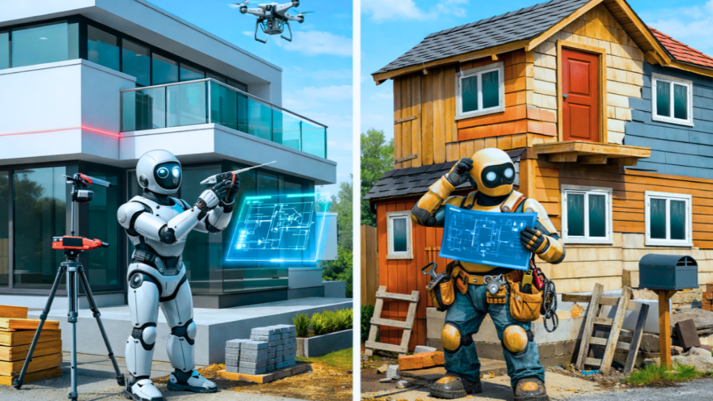 Two robots work on building projects: one at a modern house, leveraging artificial intelligence user experience with digital plans and a drone; the other at a rustic wooden house holding paper blueprints and construction tools.