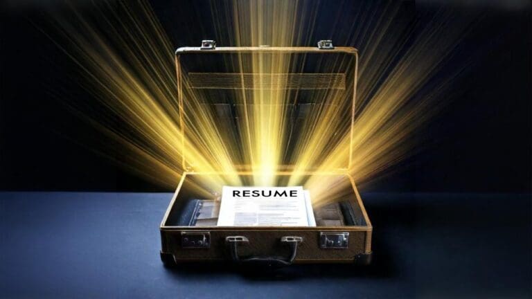 An open briefcase emits bright golden light, illuminating a document labeled "RESUME" placed inside—hinting at the power of AI in UXR to unlock new opportunities.