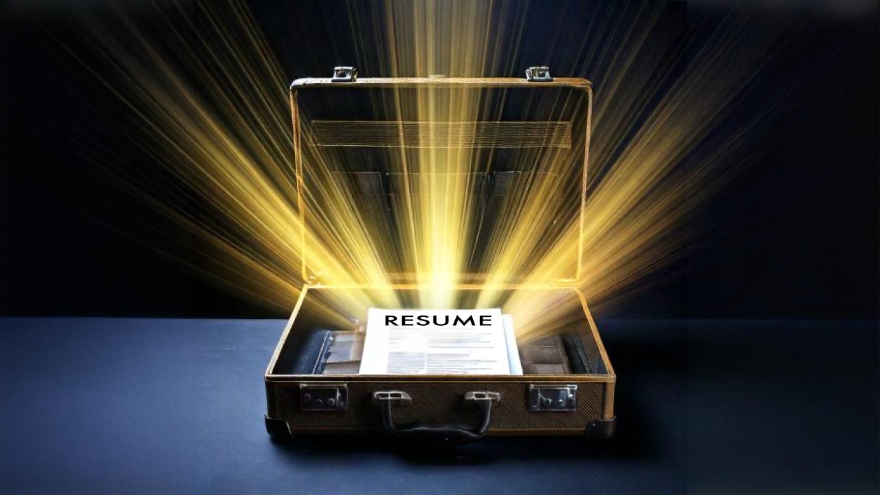 An open briefcase emits bright golden light, illuminating a document labeled "RESUME" placed inside—hinting at the power of AI in UXR to unlock new opportunities.