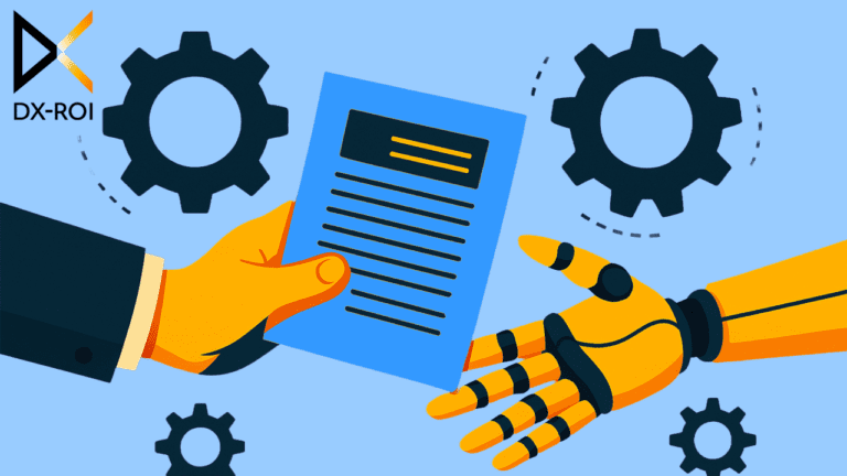 A human hand and a robotic hand exchange a document, with gears in the background and the DX-ROI logo in the top left corner, symbolizing collaboration between humans and AI in UXR.