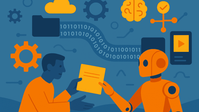 An illustrated human hands a document to a robot, symbolizing AI in UXR; digital icons, binary code, and technology symbols animate the background.