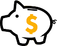 DX-ROI Simple illustration of a piggy bank with a large yellow dollar sign on its side.