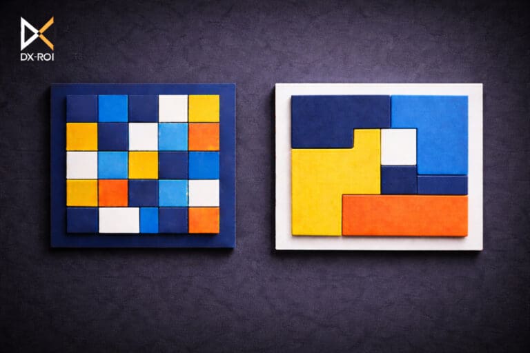 Two abstract geometric artworks with blue, yellow, orange, and white blocks hang on a dark textured wall; the left art is more grid-like, while the right uses larger, uneven shapes.