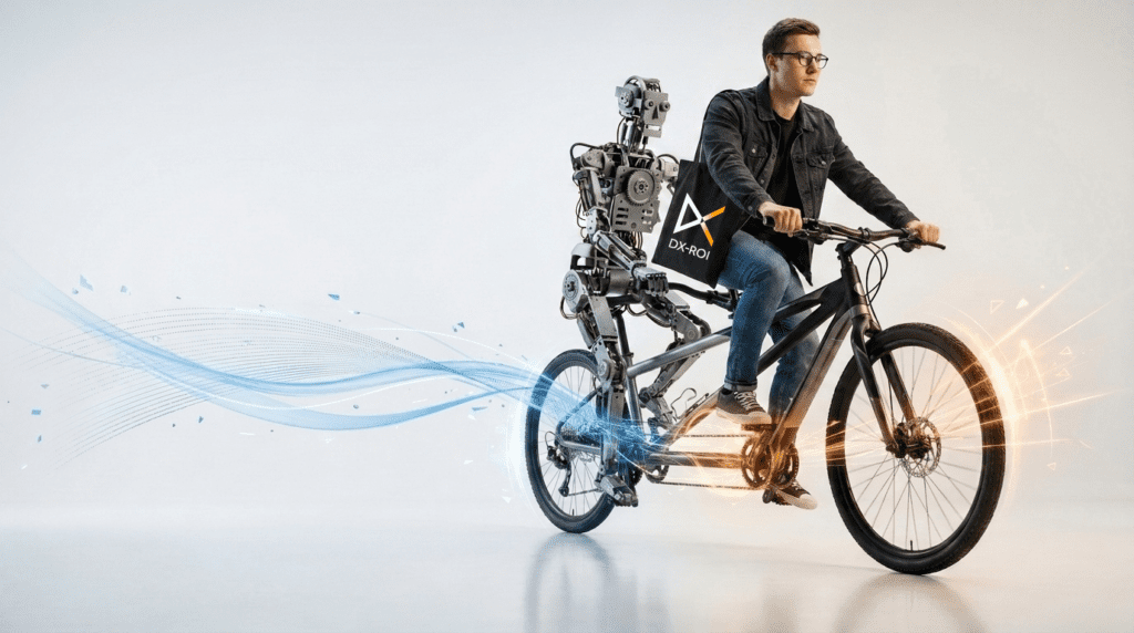 DX-ROI A man rides an XD Bicycle with a humanoid robot seated behind him, both holding the handlebars, as digital graphic effects swirl around them—a futuristic take on experience design.