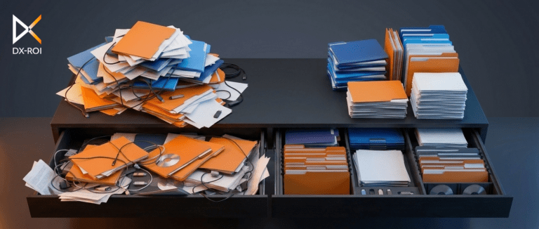 Desk top with drawers open with files, one side is messy and the other is organized