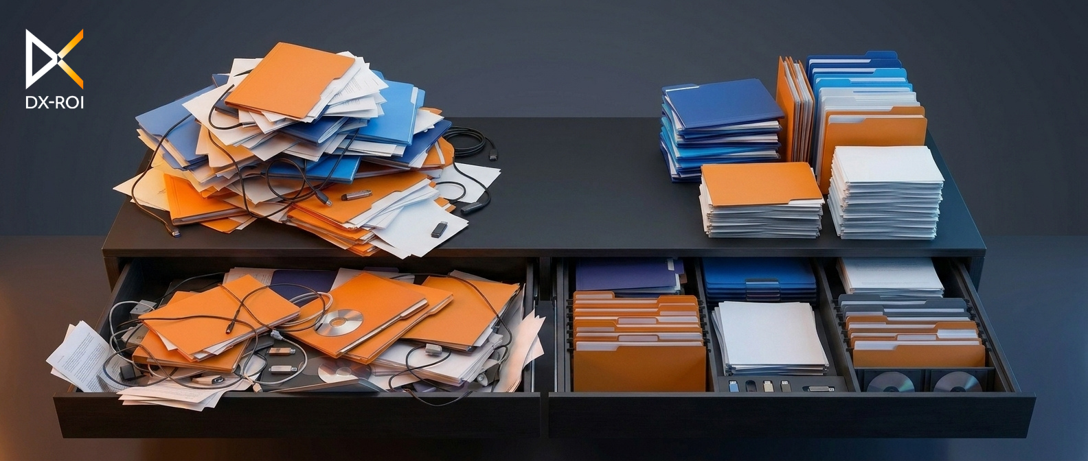 Desk top with drawers open with files, one side is messy and the other is organized