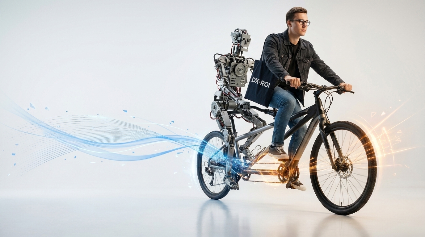 DX-ROI A man wearing glasses rides a bicycle with a humanoid robot seated behind him, both on a plain background with digital light effects.