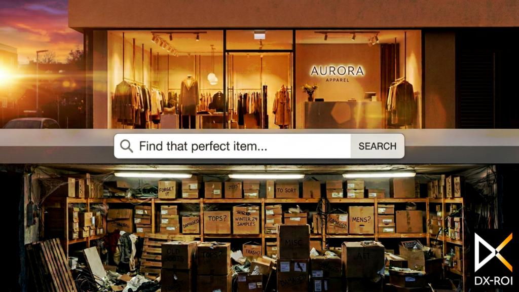 DX-ROI Split image: Top shows a tidy clothing store called Aurora Apparel, highlighting sleek retail architecture; bottom shows a cluttered storage room with boxes. A search bar reading “Find that perfect item…” overlays the center.
