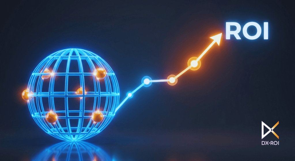 A glowing digital globe next to an upward-trending arrow labeled “ROI,” symbolizing global growth and return on investment powered by AI and scaling global delivery.