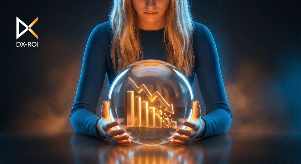 DX-ROI A woman holds a glass sphere displaying a glowing downward graph with falling blocks. The DX-ROI logo is visible in the top left corner.