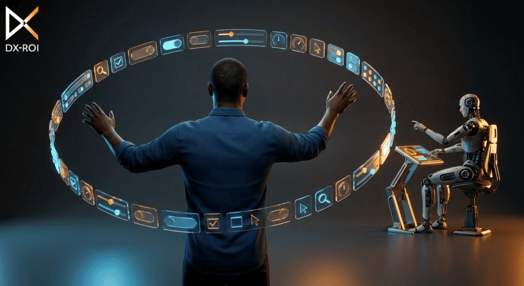 DX-ROI A person interacts with a circular digital interface displaying charts, utilizing advanced design tools, while a humanoid robot sits nearby at a desk with computer screens in a dark, modern room.