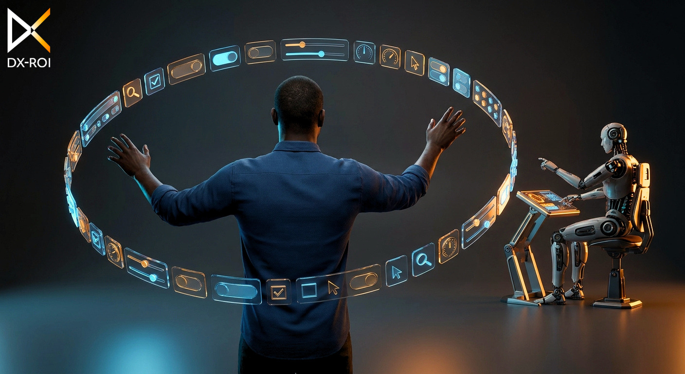 DX-ROI A person interacts with a circular digital interface displaying charts, utilizing advanced design tools, while a humanoid robot sits nearby at a desk with computer screens in a dark, modern room.