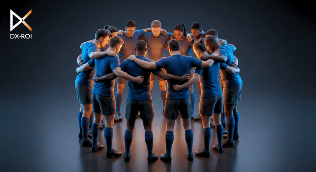 DX-ROI A group of soccer players in blue uniforms stand in a huddle, arms around each other, on a dark background. The DX-ROI logo is visible in the top left corner.