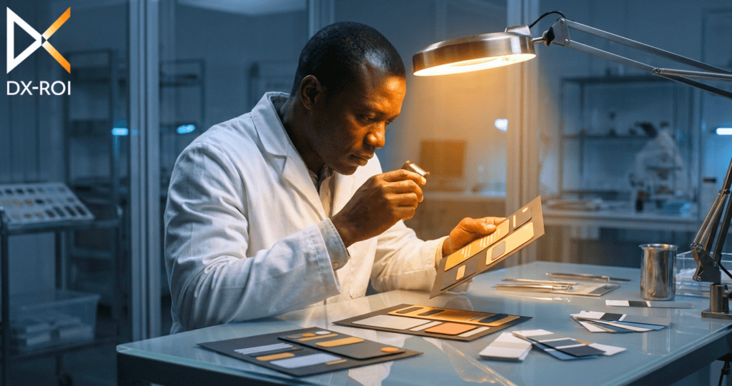DX-ROI A scientist in a lab coat examines color samples under a desk lamp at a glass table, with various sample cards and tools arranged around him.