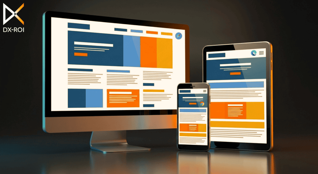 DX-ROI A desktop, tablet, and smartphone display the same colorful website layout, demonstrating responsive web design. The DX-ROI logo appears in the top left corner against a dark background.