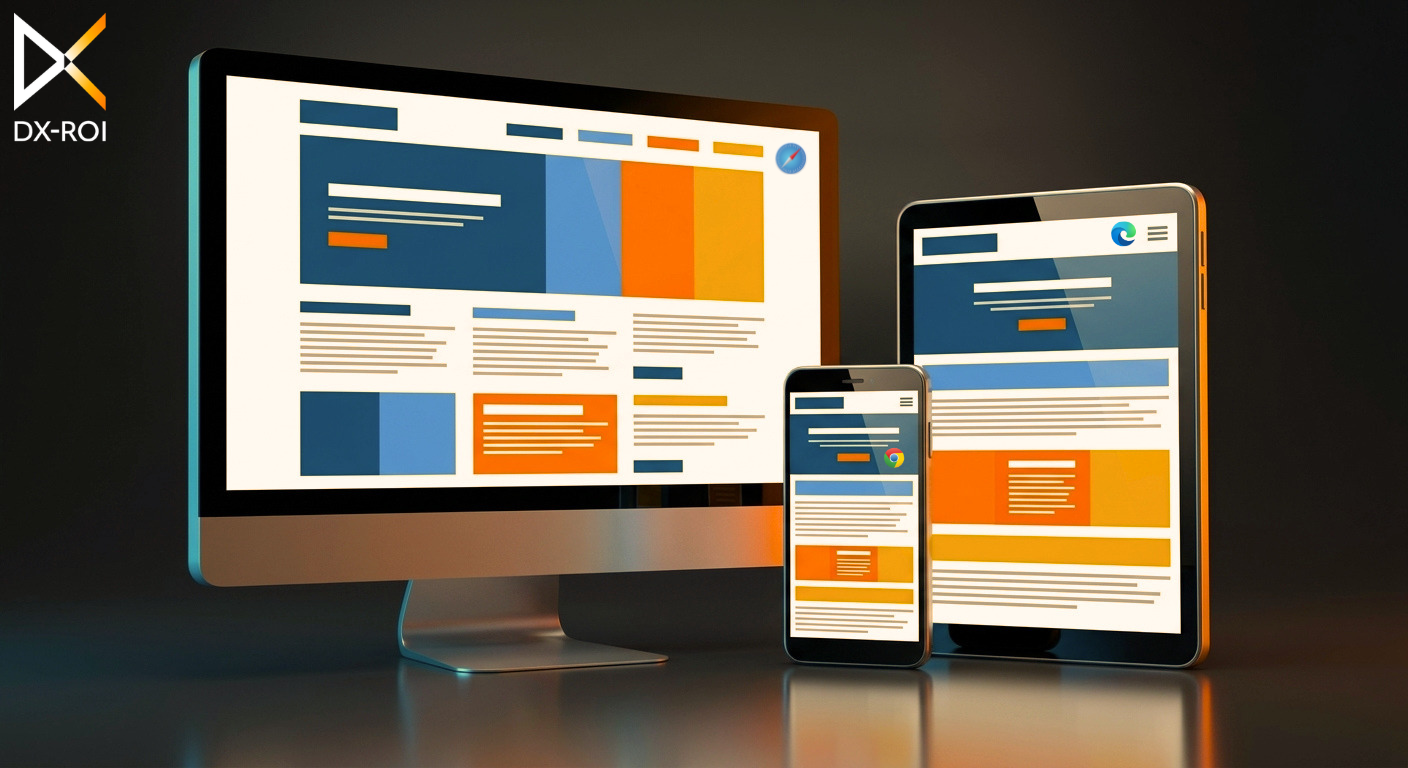 DX-ROI A desktop, tablet, and smartphone display the same colorful website layout, demonstrating responsive web design. The DX-ROI logo appears in the top left corner against a dark background.